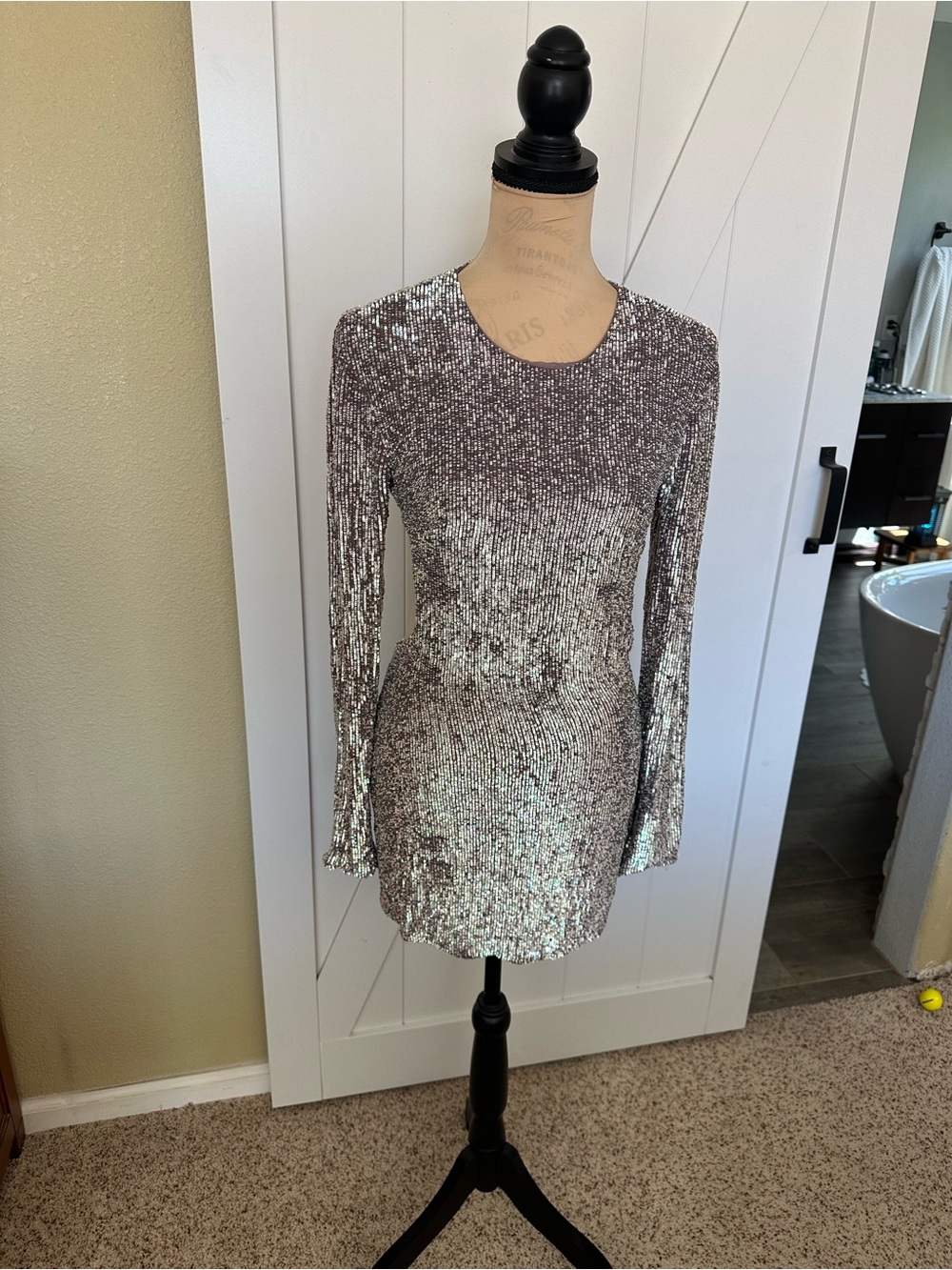 Silver Sequin Long-Sleeve Mini Dress